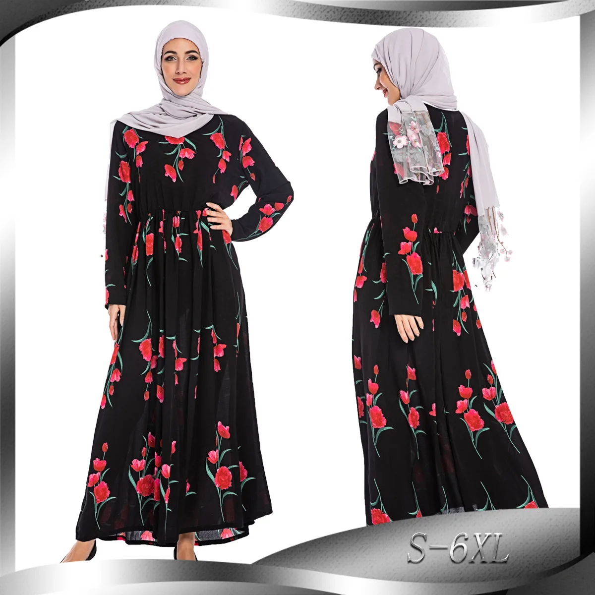 

Middle East Abaya Muslim Malay Fashion Big Rose Splicing Round Neck Swing Print Robe Dubai Jalabiya Dress S-6xl Code