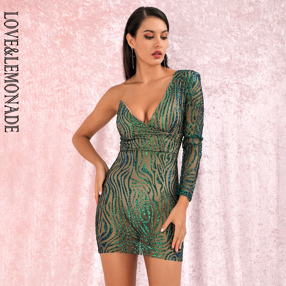 Женское мини платье с блестками LOVE & LEMONADE зеленое вечерние легающее V образным
