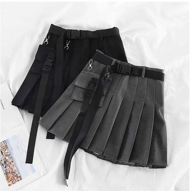 

Womens Streetwear Tooling Half-length Pleated Skirt Safari Black Short Skirt Fashion High Waist Harajuku Women Skirts