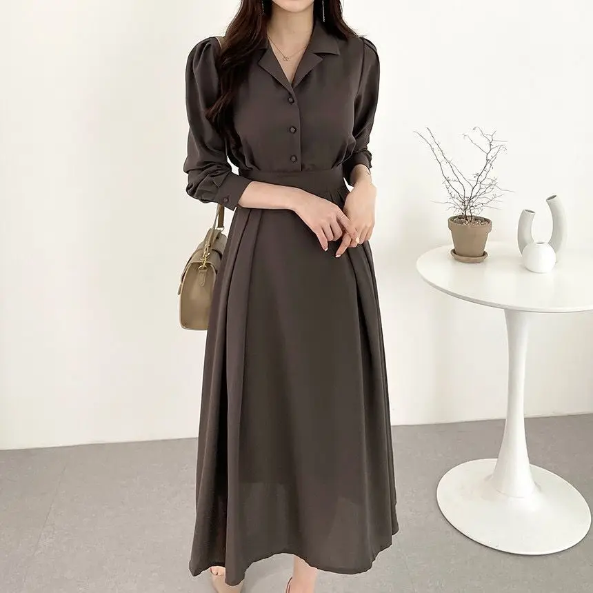 

Элегантное офисное женское платье HziriP, Новое поступление 2022, весенне-осеннее винтажное однотонное длинное платье с лацканами, женские плат...