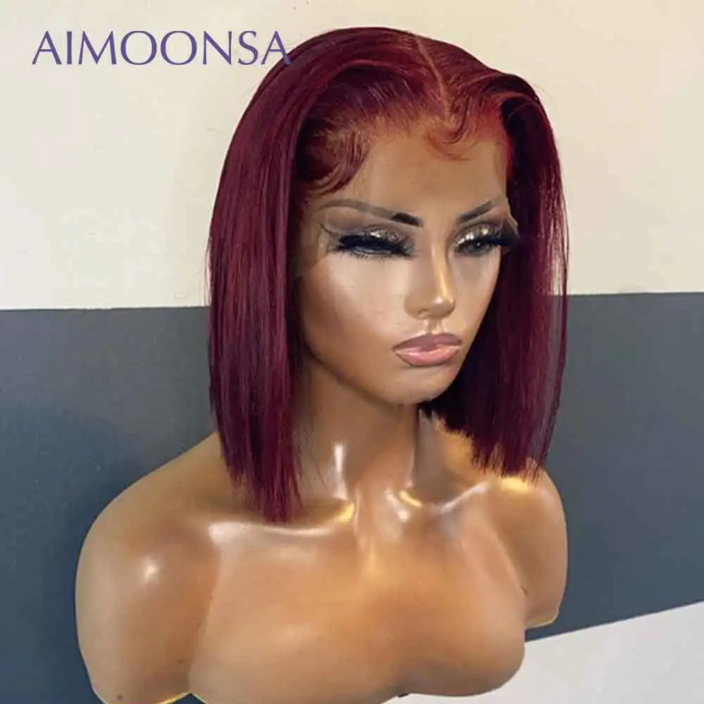 

Red Wig Human Hair Wigs Colored Bob Wig Short Lace Front Human Hair Wigs Pre Plucked Straight T part 130% Density Remy