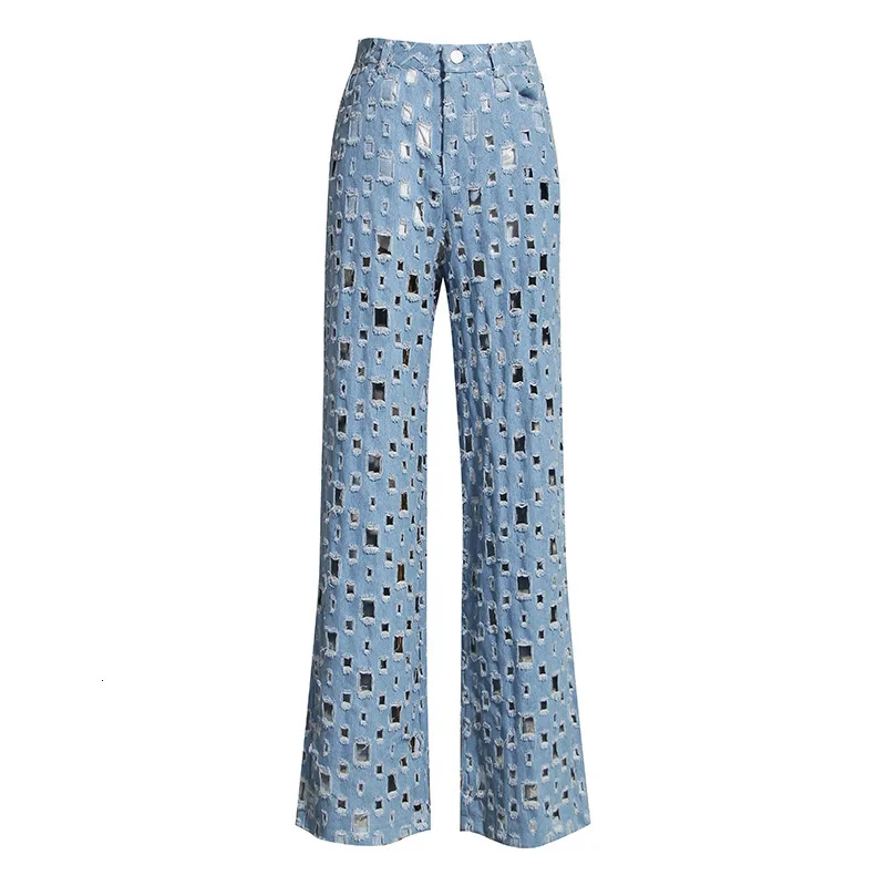 

New Fashion 2022 Spring Lace-up Mid Waist Button Holes Hllow Out Loose Jeans Wid Leg Trousers Denim Pants Women Tide Q143