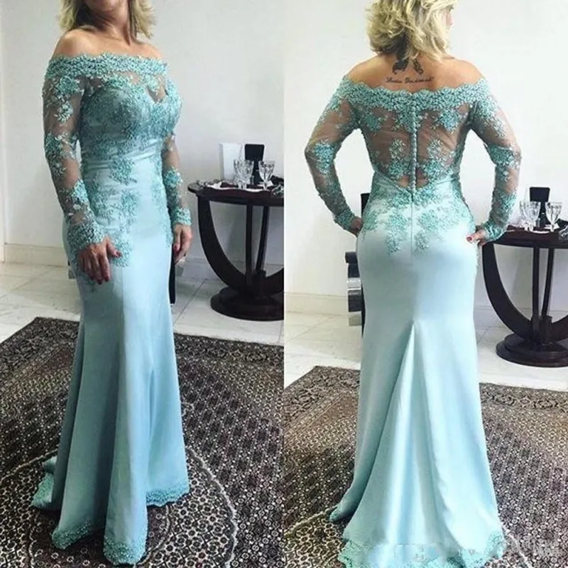 

Custom Made Ocean Blue Mermaid Evening Dresses 2020 Elegant Off Shoulders Sheer Long Sleeves Appliques Beaded Prom Party Gowns