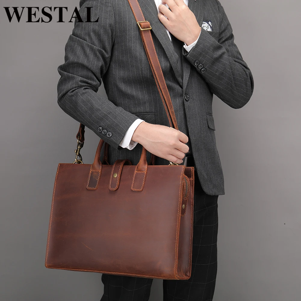 WESTAL Men's Briefcase Crazy Genuine Leather Men Handbag Vintage Men's Shoulder Bag Fit 14inch Laptop Bag For Men Business Bags