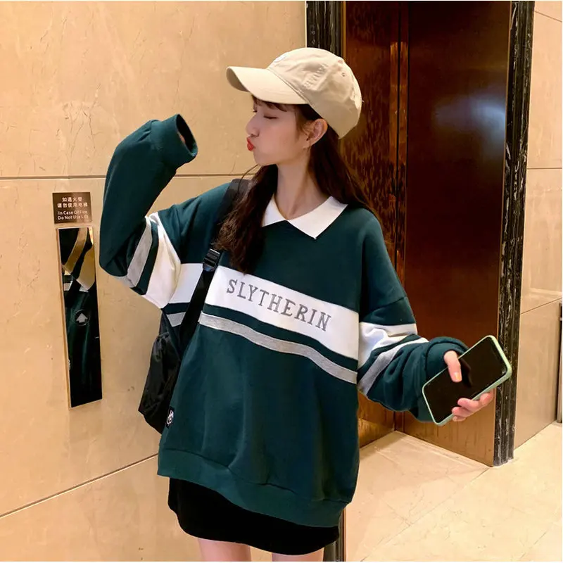 

Polo Collar Stitching Sweatshirt Women Contrast Color Fake Two-piece Coat Letter Harajuku Print Pullover Thin Female White Tops