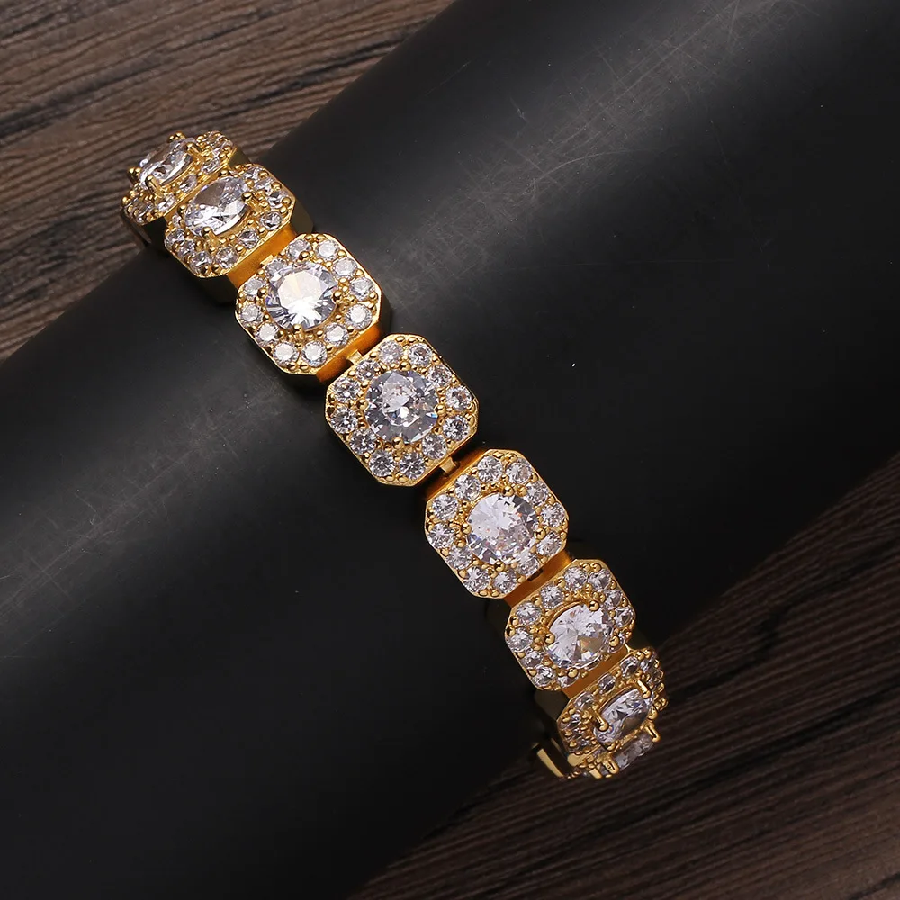 

12mm Bling Yellow Cystal Cz Stone Square Tennis Chain Bracelet For Men Women Top Quality Box Clasp Hip Hop Jewelry Gold Color