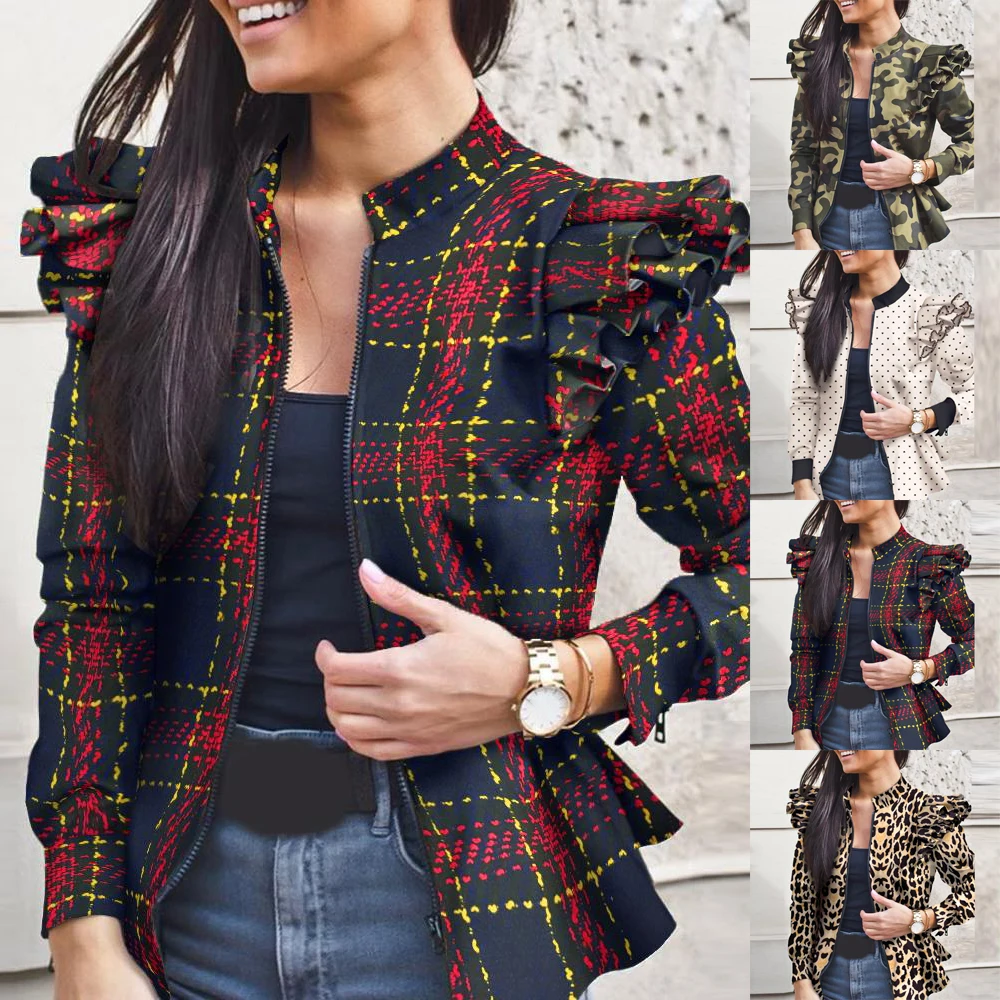 

Zipper Coat Ruffle Flutter Sleeve Collared Womens Long sleeve Coat Camouflage