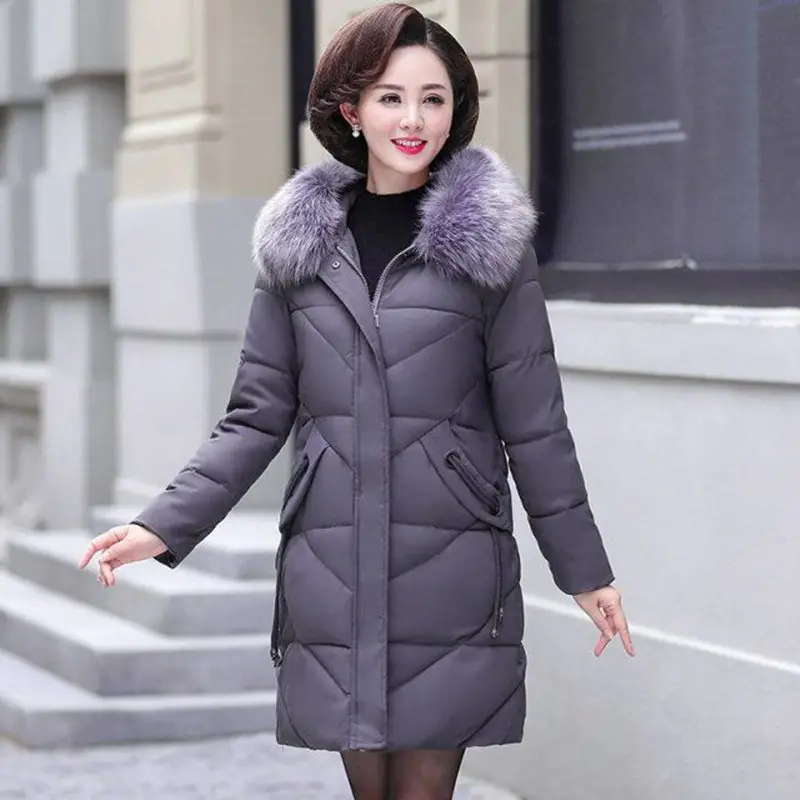 purple grey coat Большие размеры 7XL 8XL зимняя куртка среднего возраста Женская парка с меховым воротником и капюшоном Длинная женская пуховая хлопковая куртка женское теплое пальто C5865 - Цвет: purple grey coat