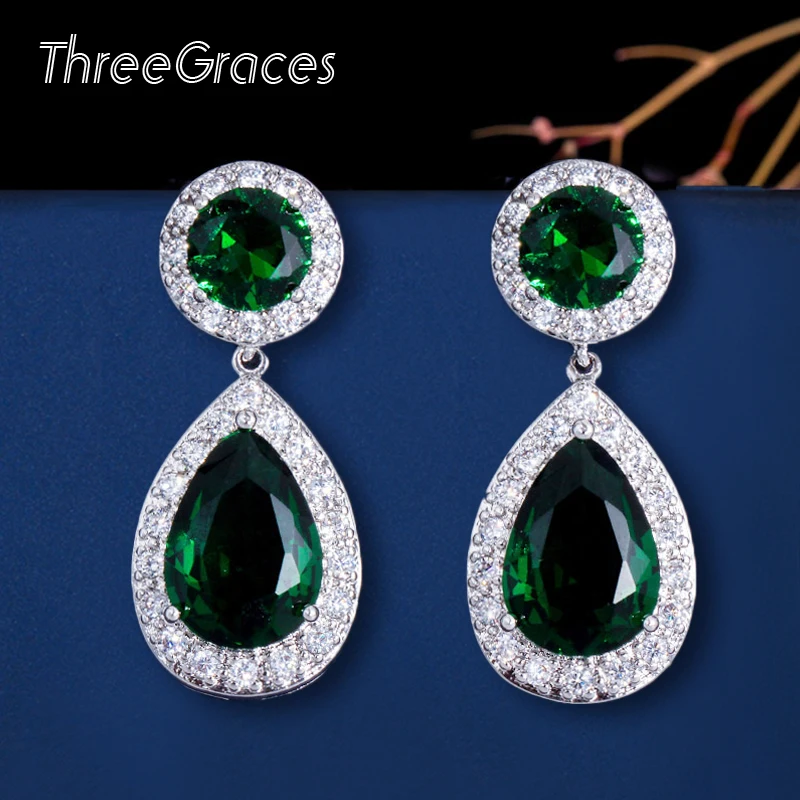 Женские серьги-капельки ThreeGraces Длинные Серьги серебряного цвета с зеленым