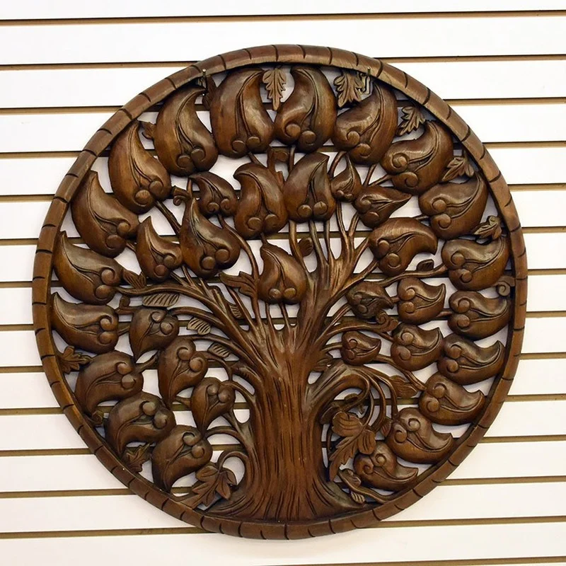 

Bodhi leaf carved board Southeast Asia hand-carved teak wood living room wall decoration TV porch background wall
