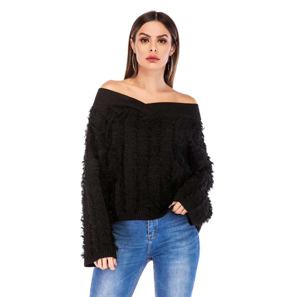 Autumn Winter Sweater Women 2019 Casual Solid Off Shoulder Oversized Tassel Loose V Neck Warm Pullover Knitted Sweaters | Женская одежда