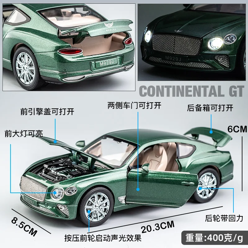 

1:24 High Simulation Bentley Continental-GT Diecast Alloy Car Model Sound Light Boy Kid Gift Toy 4 Doors Can Open