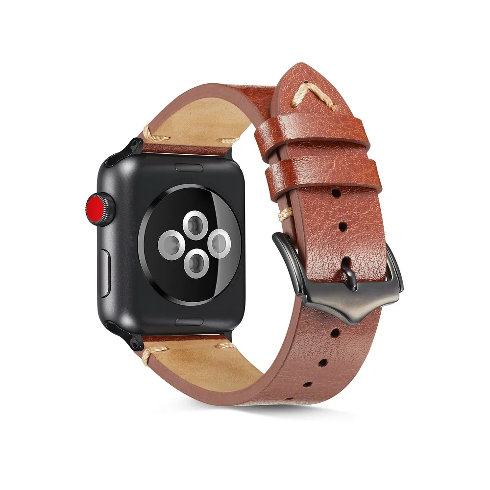 Oil wax Leather Watch Strap for apple watch band Genuine leather watch accessories Strap for apple watch 38mm 40mm 42mm 44mm new type of plain edge wrapped on shelf needle print leather strap for independent packaging of watch strap accessories