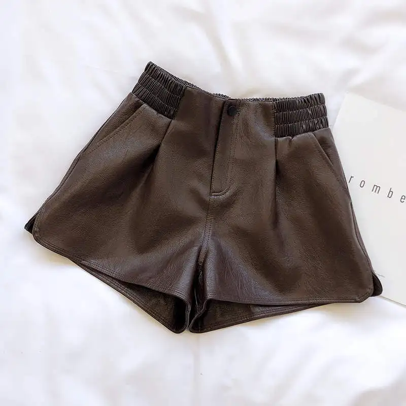 

Autumn Winter Faux Leather Shorts For Women Black Mini PU Leather Loose Wide Leg High Waist Sexy Biker Shorts For Women C6723