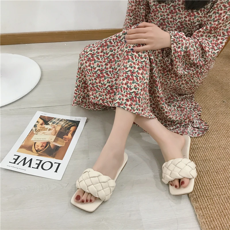 

Flat Casual Shoes Women Slide 2New Fashion Weave Slippers Women Square Toe 021 Summer Flip Flops Beach Sandal Slippers Female