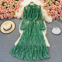 2022 spring women elegant hollow out lace dress office lady solid o neck button up chic long sleeve elastic waist midi dress