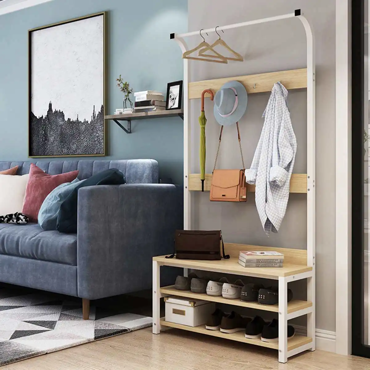 

Iron Coat Rack Shoes Rack Clothes Hanger Bedroom Living Room Furniture Floor Standing Wardrobe Clothes Metal Hanging Shelf Racks