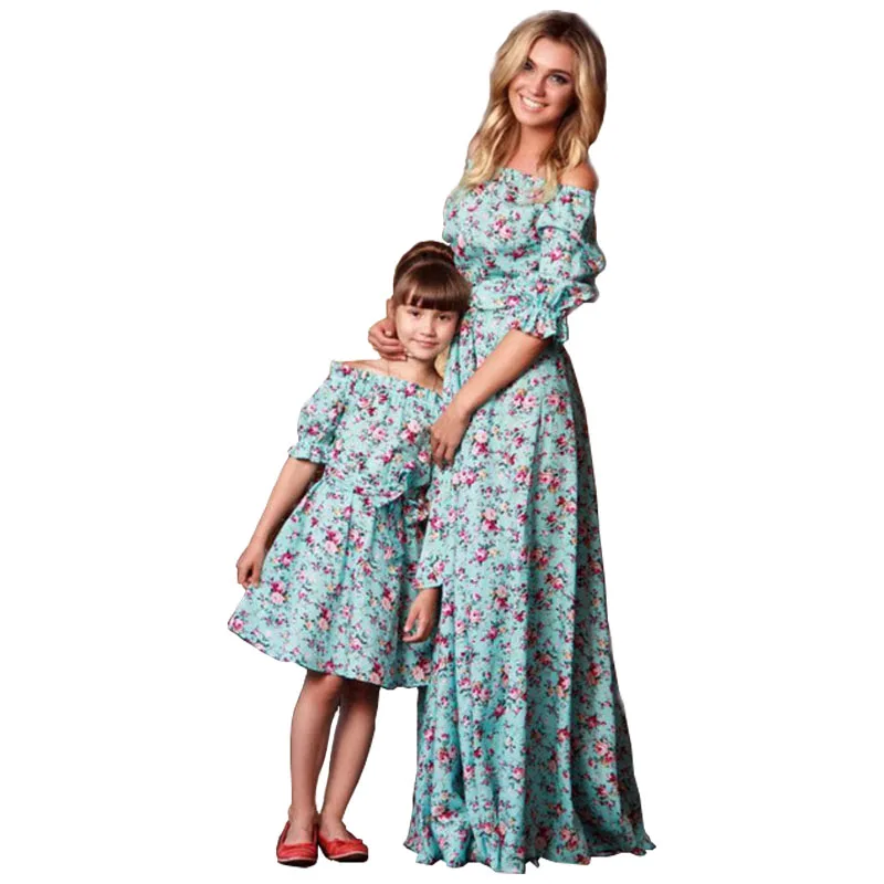 Летнее платье для мамы и дочки с рукавом до локтя одним плечом в виде лотоса