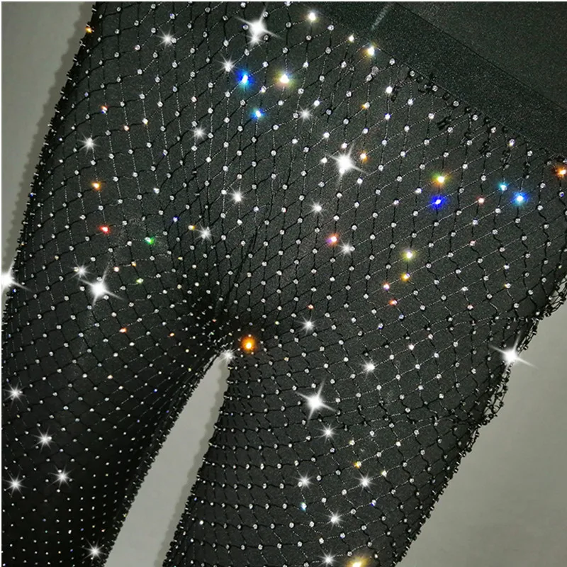 

Glitter Grid Shiny Diamonds Trousers Crystal Rhinestone See Through Elastic Waist Loose Split Sexy Women Party Club Long Pants