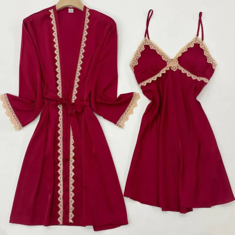

Lady Sleepwear Satin Twinset Robe Set With Lace Kimono Bath Gown Summer Nightwear V-Neck 2PCS Bathrobe&Chemise Nightgown Suit