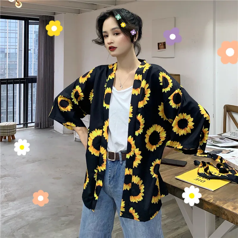

Bebovizi 2020 Summer Black Sun Flower Japanese Fashion Women Harajuku Cardigan Kimono Loose Blouse Tops Casual Beach Kimonos