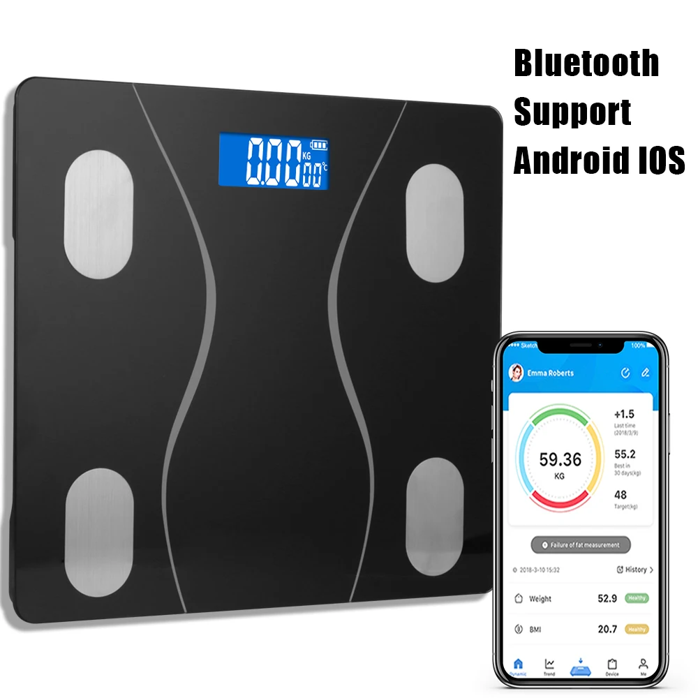 

Электронные точные весы для телесного жира, ЖК-дисплей, анализатор индекса массы тела, приложение Bluetooth