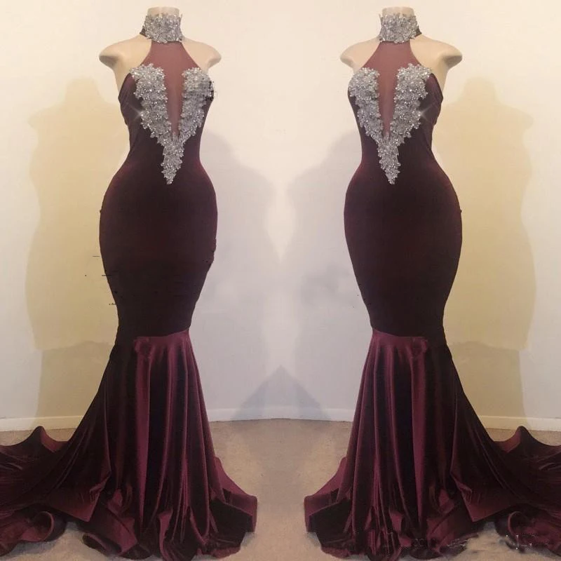 

Sexy Halter Velvet Mermaid Long Prom Dresses Illusion Lace Applique Beaded Sweep Train Evening Gowns Vestidos De Festa