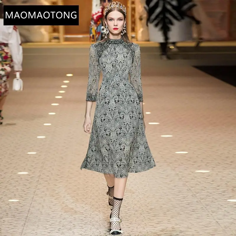 

Women's Clothing 2021 Summer Vintage Elegant Party Dress Women Stand Collar Hollow Out Embroidered Print Chiffon Midi Dress