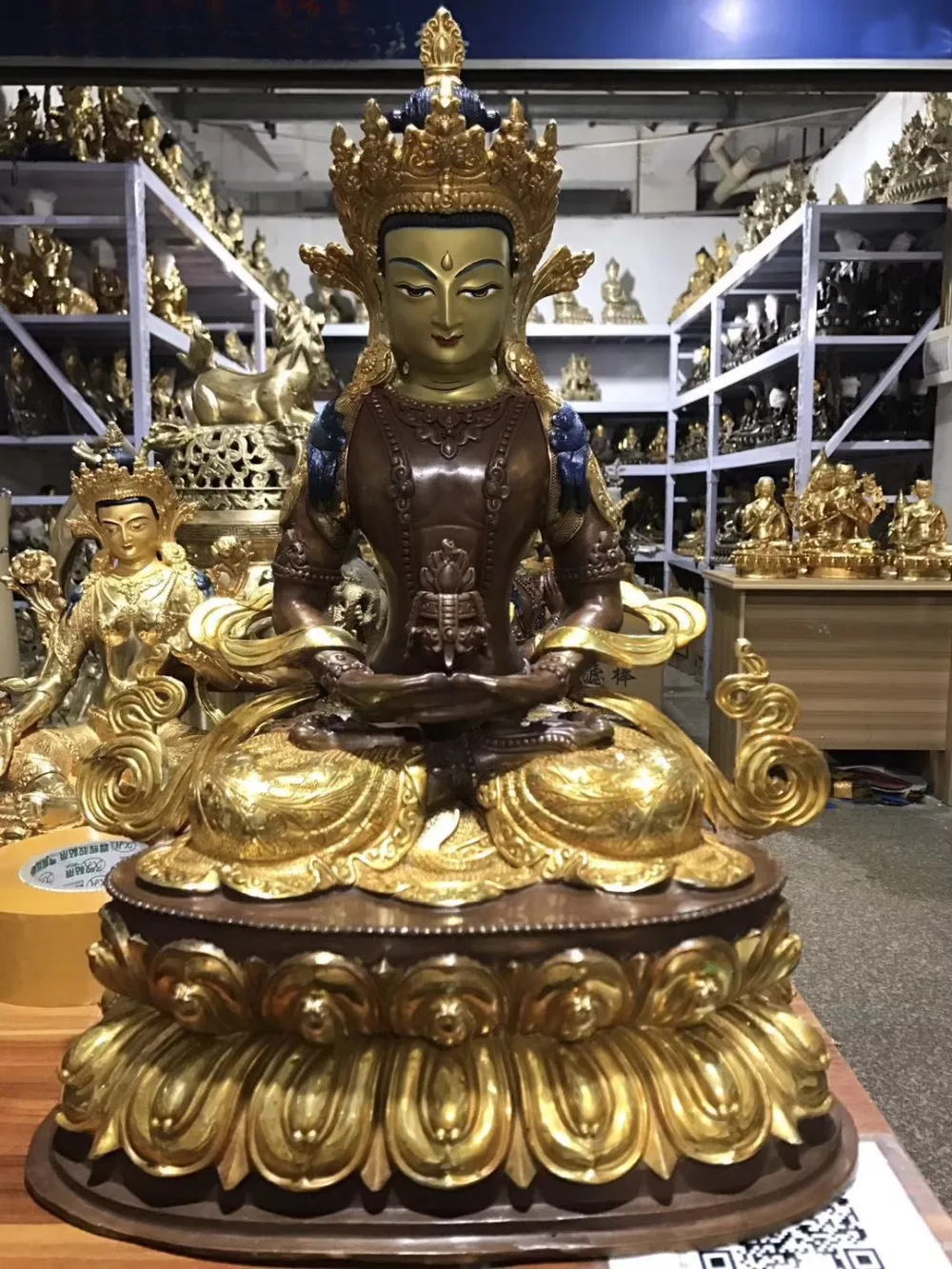 

LARGE 46CM HUGE # HIGH-GRADE QUALITY GILDING GOLD BUDDHA STATUE HOME FAMILY TEMPLE TIBET NEPAL LOTUS AMITAYUS TATHAGATA BUDDHA