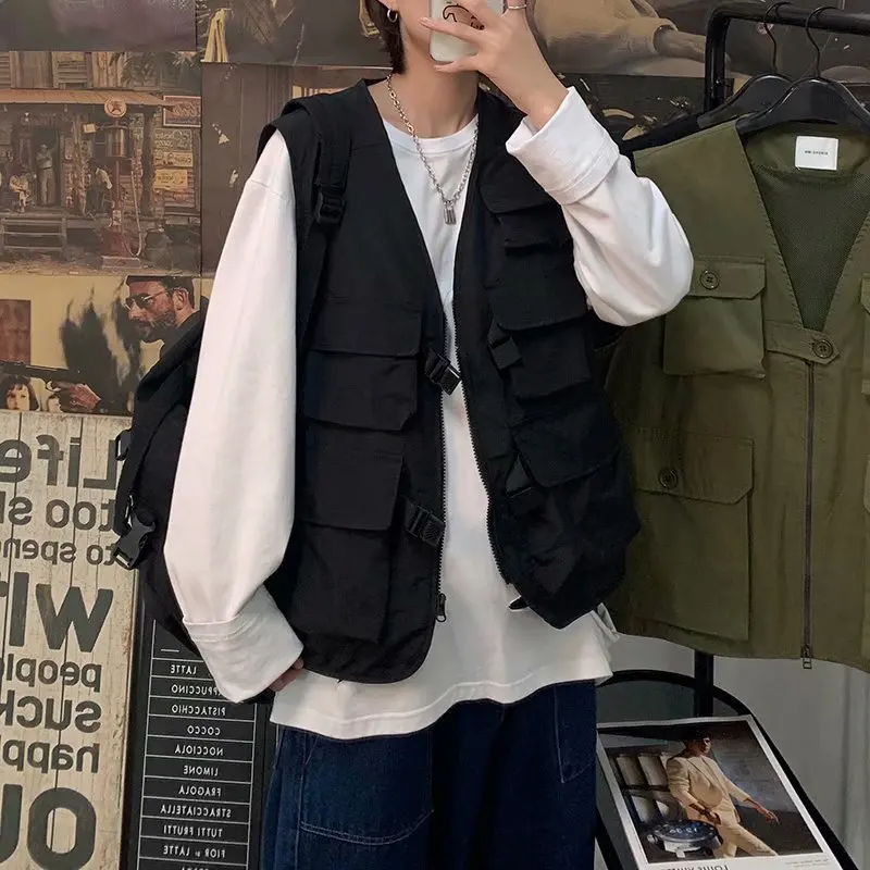 

Men Fashion Tooling Vest Streetwear Cargo Vest Hip Hop Sleeveless Jacket Gilet Military Multi-Pocket Outdoors Tactical Coat