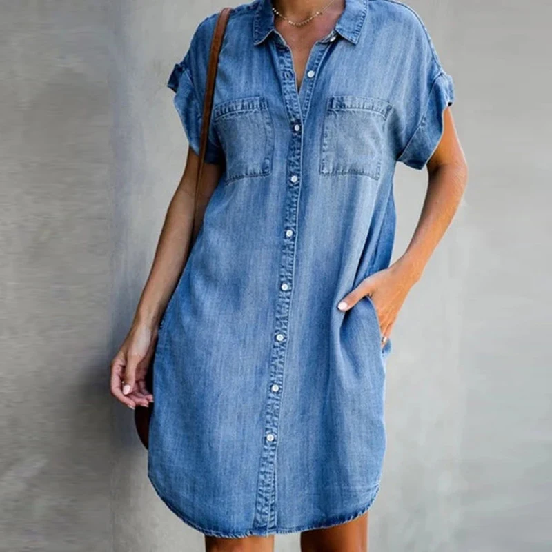Женское джинсовое мини-платье с коротким рукавом повседневное элегантное