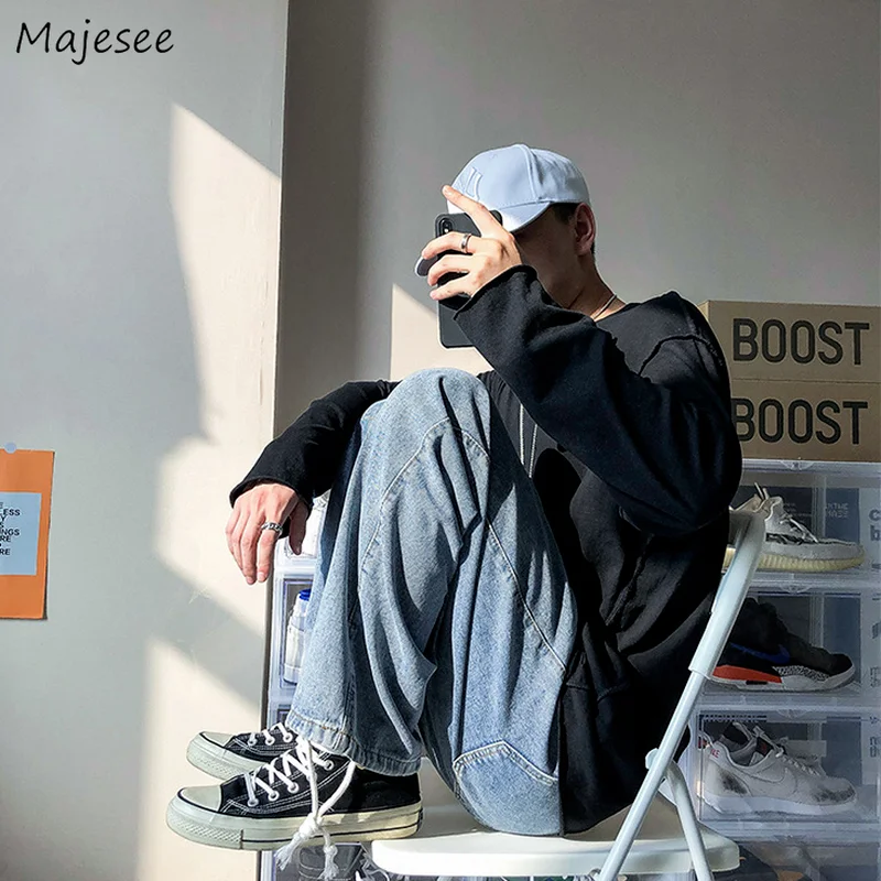 

Plus Size S-3XL Jeans Men Loose All-match Fashion Korean Style Streetwear Vintage Elastic Waist Harajuku Solid Trousers Casual