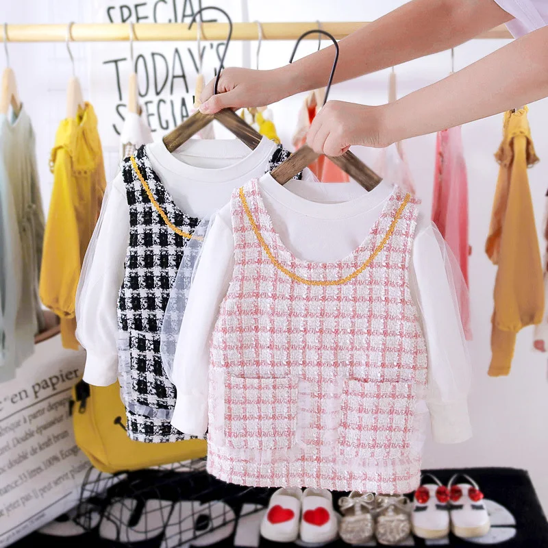 

Bear Leader/2021 г. Осенняя одежда для маленьких девочек трикотажное платье-жилет в клетку милый комплект одежды с длинными рукавами для маленьких ...