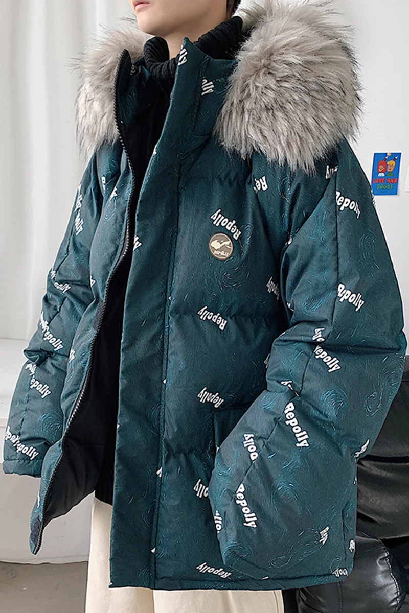 

2020 Men Winter letter Black Thick Big fur collar Hip Hop Parkas Korean Fashions Hooded Coats Oversized Puffer Jackets