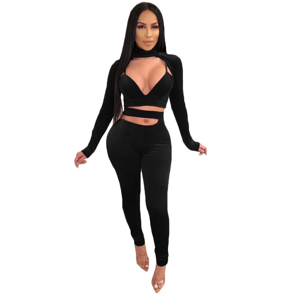 

Sexy Playsuit Long Sleeve Turtleneck Velvet Hollow Out Outfit 2 Piece Outfits for Women Pants and Top Wholesale Dropshipping