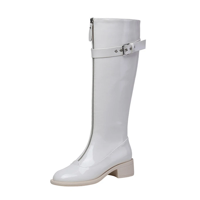 

Meotina Med Heel Knee High Boots Woman Thick Heel Riding Boots Buckle Round Toe Long Boots Zip Ladies Shoes Autumn Winter Beige