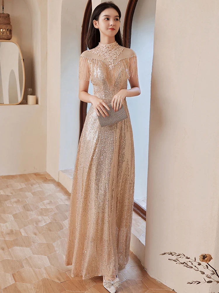 

Light Luxury Tassel Formal Evening Dresses Half High Collar Sequined Floor-Length Mermaid Annual Party Gown New Arrival