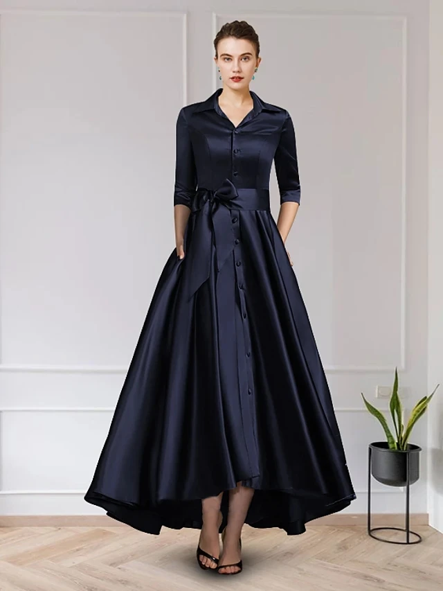 

Navy Blue Buttons A-Line Mother of the Bride Dress Plus Size Elegant Vintage V Neck Ankle Length Satin 2021 Wedding Party Gown