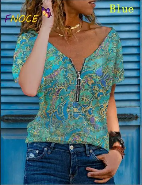 

HAOOHU Spring and Summer New V-neck Zipper Short Sleeve Printing and Dyeing T-shirt Top Women's Clothing