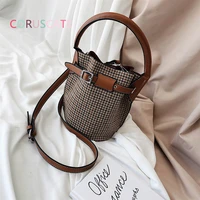 korean style fashion handbag autumn new solid color tweed lattice adjustable womens messenger bag retro females bucket bag
