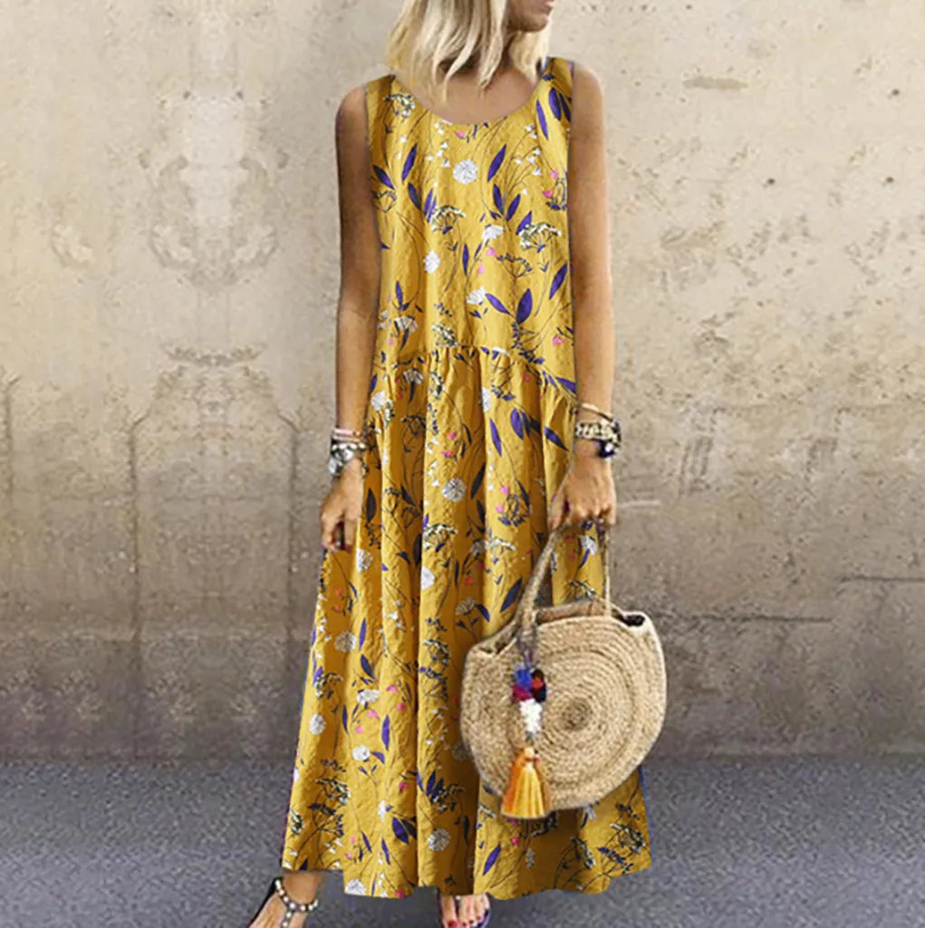 

2020 Women Plus Size Dresses Bohemian O-Neck Floral Print Dress Feminine Summer Vintage Sleeveless Long Maxi Dress Vestidos