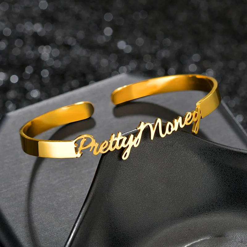 

Couple's Customized Jewelry 14K Gold Stainless Steel Open Bangle Name Customized Bangle Personalized Jewelry
