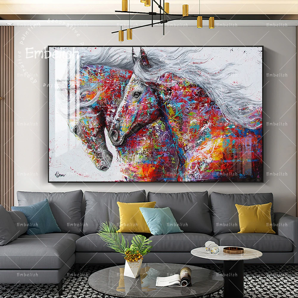 

Embelish 1Pieces Animal Wall Art Pictures For Living Room Home HD Decor Canvas Painting The Two Running Horse Framed Posters