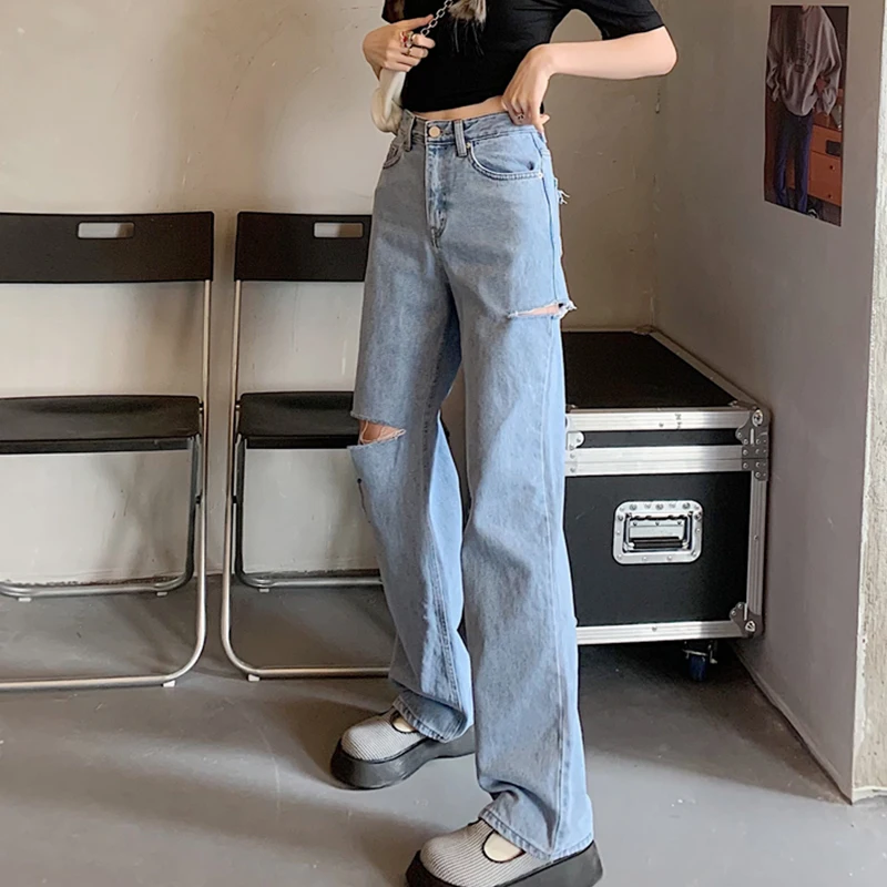 

Женские рваные джинсы на пуговицах, модные Универсальные Прямые рваные джинсы с высокой талией, с карманами, лето
