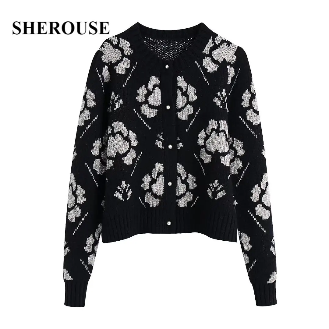 

Sherouse Women Vintage Floral Jacquard Knit Cardigan Round Neck Long Sleeves Chic Lady Woman Casual Knitted Jacket