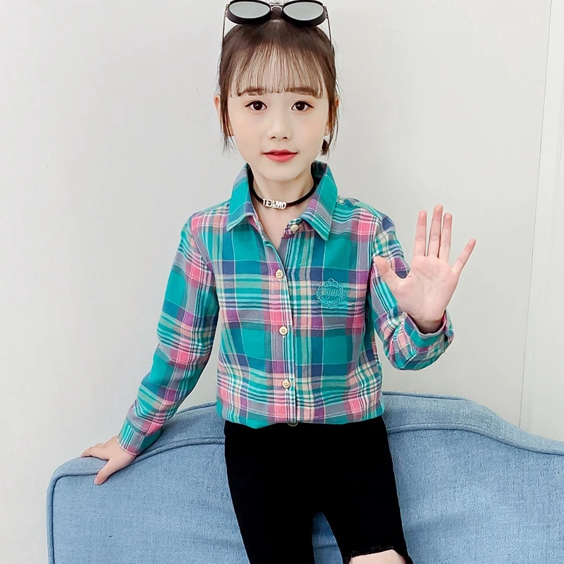 

Детская хлопковая блузка в клетку, с длинным рукавом, 3 цвета, весна-осень, От 4 до 11 лет