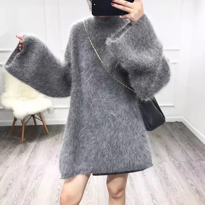 Autumn Winter Long Turtleneck Sweater Women Loose Lazy Oaf Flare Sleeve Fluffy Synthetic Mink Cashmere Knitted Jumpers | Женская одежда