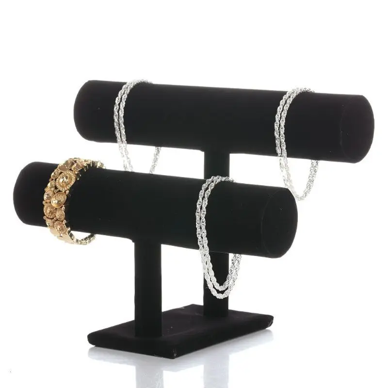 

2 Tiers Black Velvet Hovering T-Bar Bracelet Necklace Jewelry Display Stand T4MD