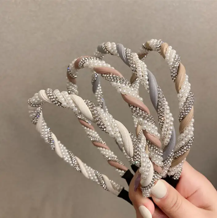 

Shiny elegant rhinestone pearl fairy hair accessories Korean popular headdress girl twist chic hairhoop