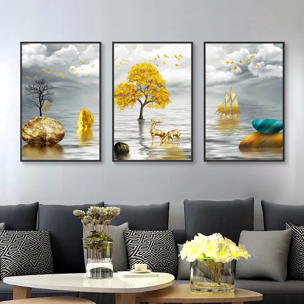 

GATYZTORY 3 шт. картина по номерам Золото дерево пейзаж с оленем акриловые краски, холсты для рисования озеро декорации ручной работы Наборы дома